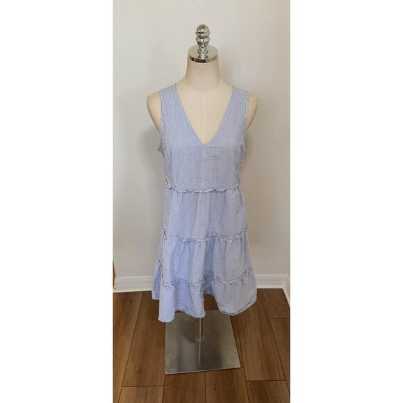 J. Crew Seersucker Ruffle Tiered Mini Dress Blue White Striped 6 Coastal Prairie - Picture 12 of 16